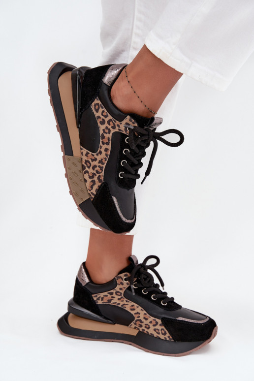 Zapatillas de mujer de cuero con plataforma y estampado de leopardo en negro Artiker 55C0134