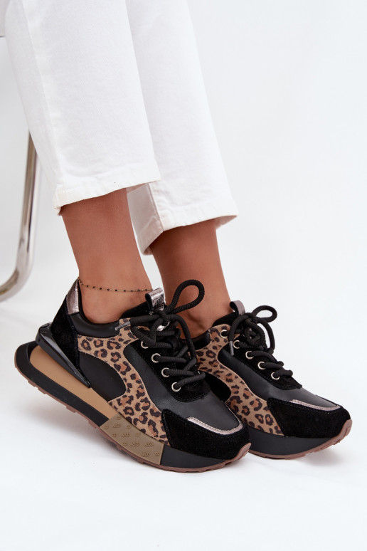 Zapatillas de mujer de cuero con plataforma y estampado de leopardo en negro Artiker 55C0134