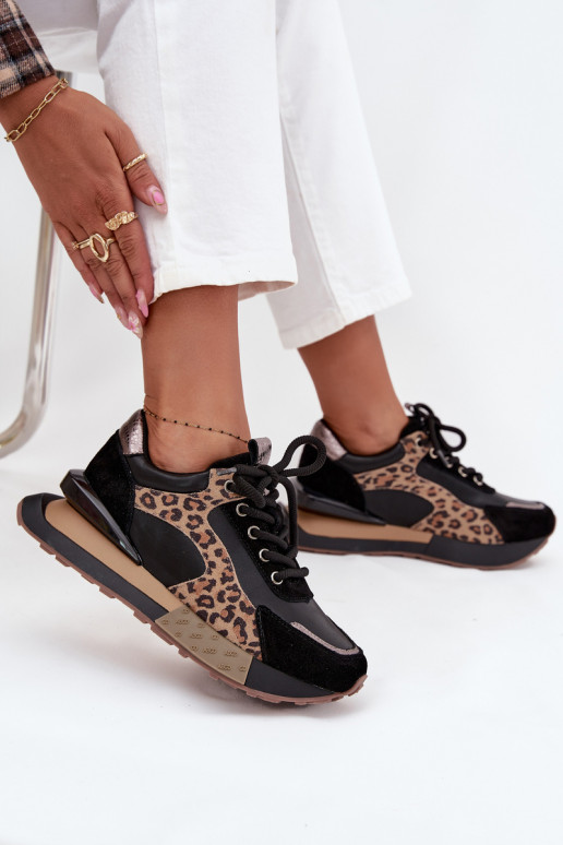 Zapatillas de mujer de cuero con plataforma y estampado de leopardo en negro Artiker 55C0134