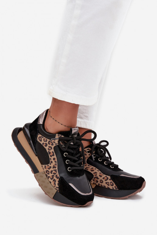 Zapatillas de mujer de cuero con plataforma y estampado de leopardo en negro Artiker 55C0134