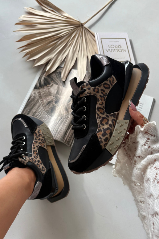 Zapatillas de mujer de cuero con plataforma y estampado de leopardo en negro Artiker 55C0134