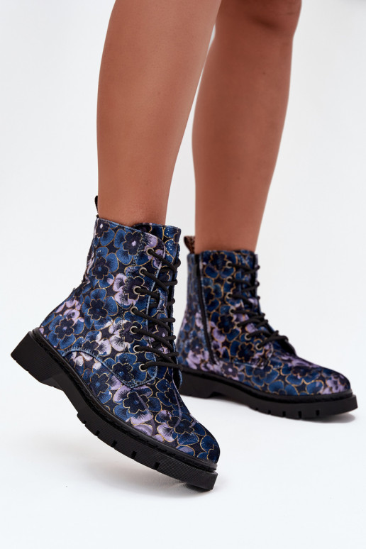 Botines de mujer cálidos con flores en azul oscuro Artiker 57C1052