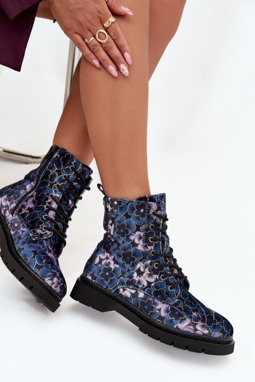 Botines de mujer cálidos con flores en azul oscuro Artiker 57C1052