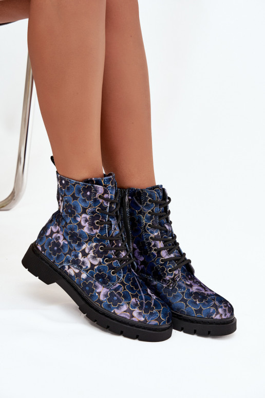 Botines de mujer cálidos con flores en azul oscuro Artiker 57C1052