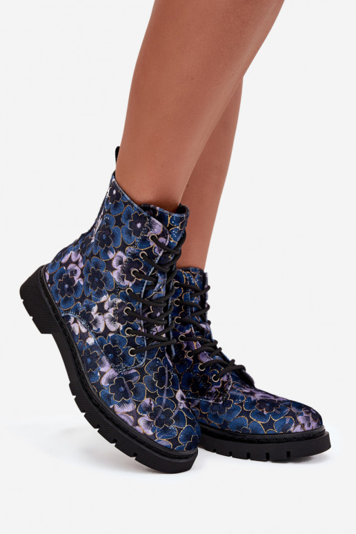 Botines de mujer cálidos con flores en azul oscuro Artiker 57C1052