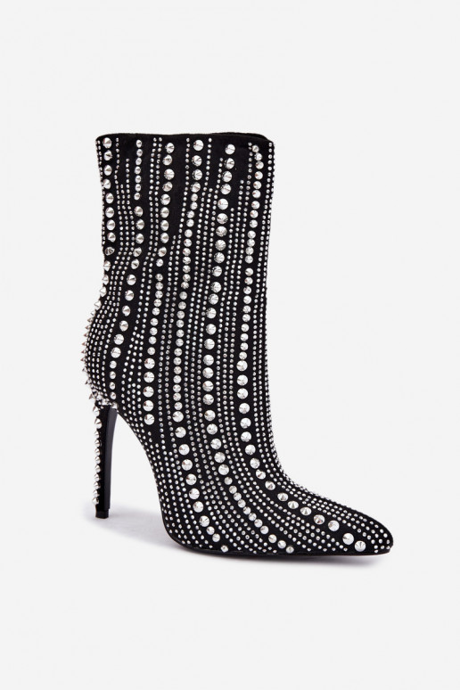Botines cálidos con tacones finos, decorados con tachuelas, negros Delva