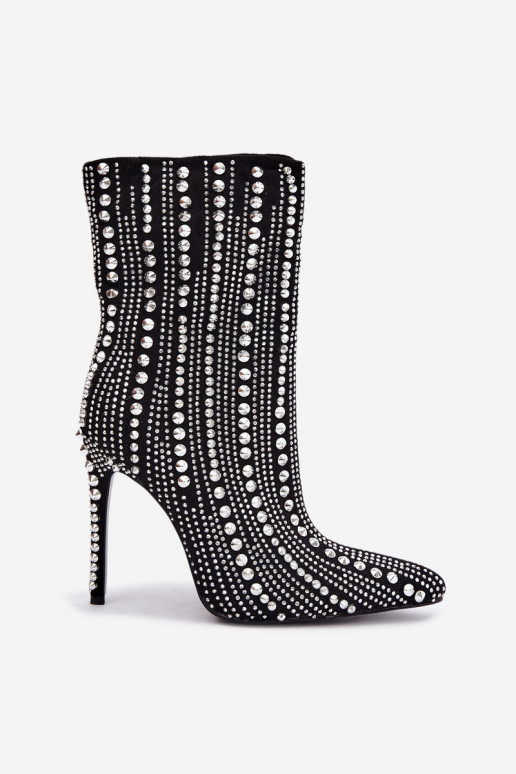 Botines cálidos con tacones finos, decorados con tachuelas, negros Delva