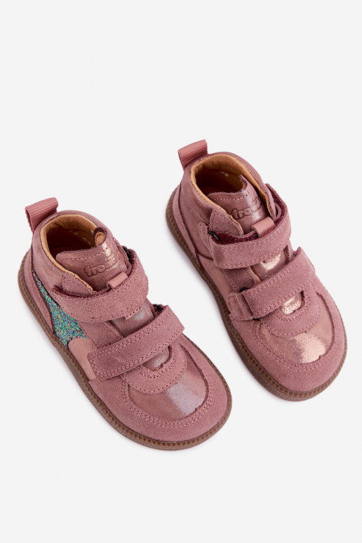 Zapatos de ante para niños rosas Barefoot con brillo Froddo G2110157-5