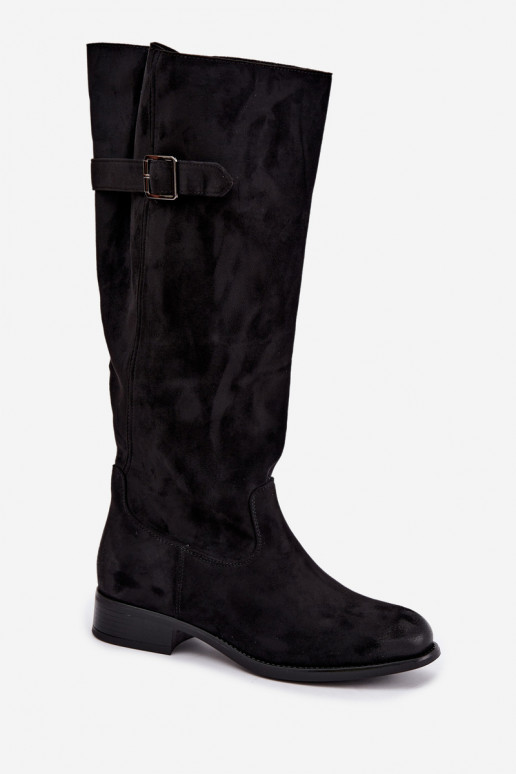 Botas largas para mujer con tacones anchos y hebillas en color negro Farela