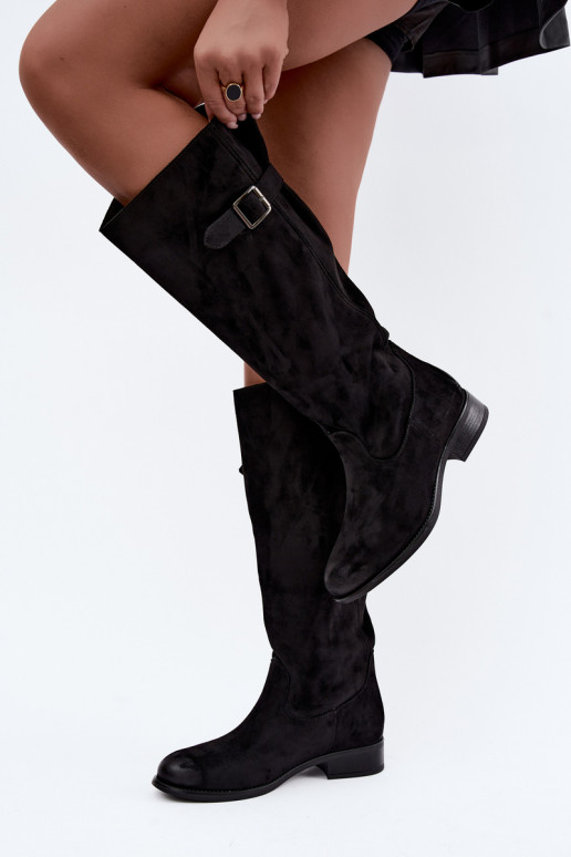 Botas largas para mujer con tacones anchos y hebillas en color negro Farela