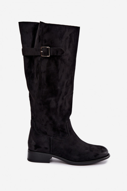 Botas largas para mujer con tacones anchos y hebillas en color negro Farela