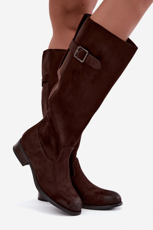 Botas altas para mujer con tacones anchos y hebillas, marrones Farela