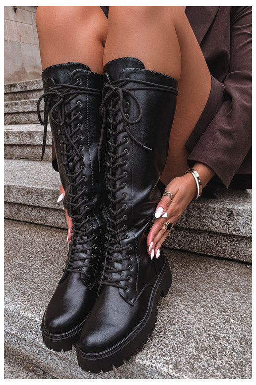 Botas altas para mujer con cordones y plataforma, negras Jalira