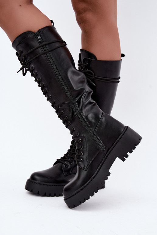 Botas altas para mujer con cordones y plataforma, negras Jalira