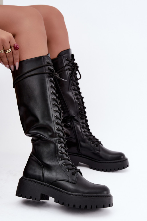 Botas altas para mujer con cordones y plataforma, negras Jalira