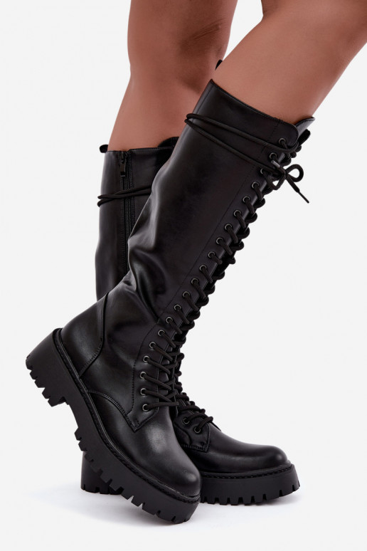 Botas altas para mujer con cordones y plataforma, negras Jalira