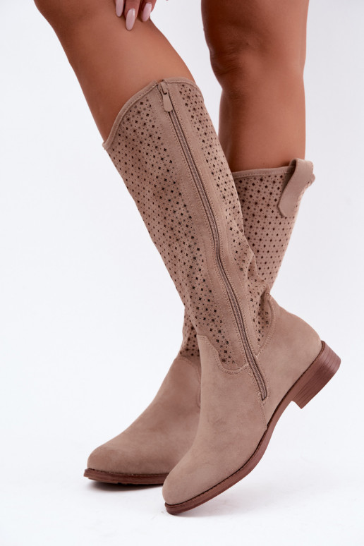 Botas largas con caña calada y tacones anchos S.Barski HY62-8144 arena