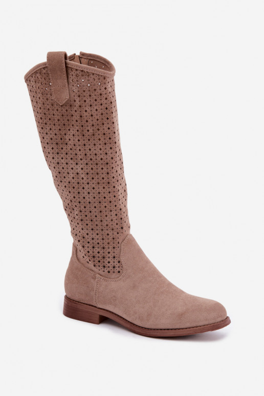 Botas largas con caña calada y tacones anchos S.Barski HY62-8144 arena