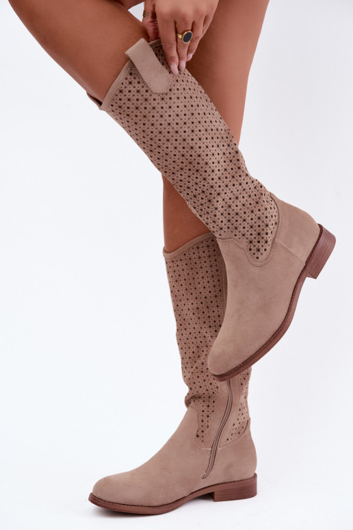 Botas largas con caña calada y tacones anchos S.Barski HY62-8144 arena