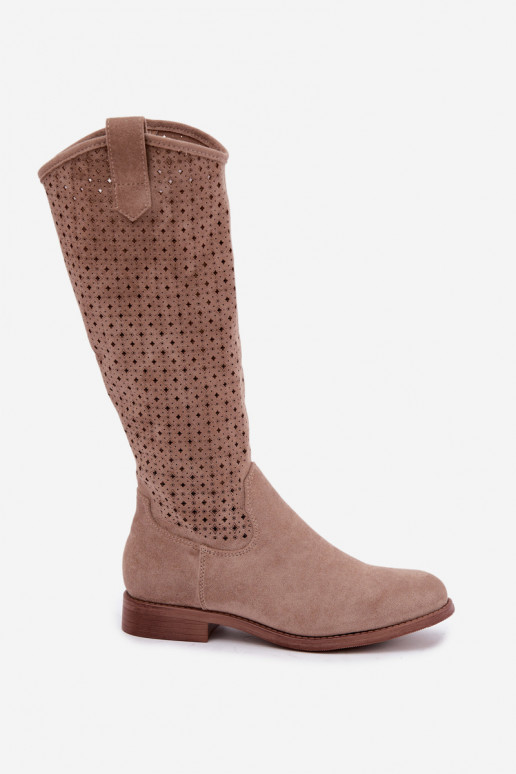 Botas largas con caña calada y tacones anchos S.Barski HY62-8144 arena