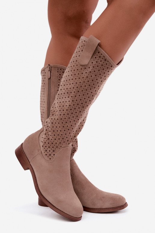 Botas largas con caña calada y tacones anchos S.Barski HY62-8144 arena