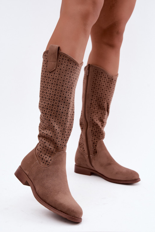 Botas largas con caña calada y tacones anchos S.Barski HY62-8144 marrón