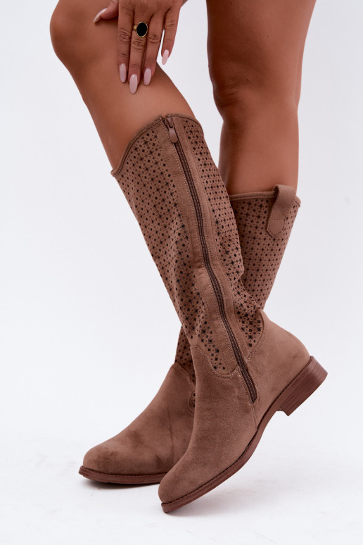 Botas largas con caña calada y tacones anchos S.Barski HY62-8144 marrón