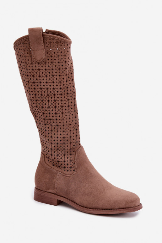 Botas largas con caña calada y tacones anchos S.Barski HY62-8144 marrón