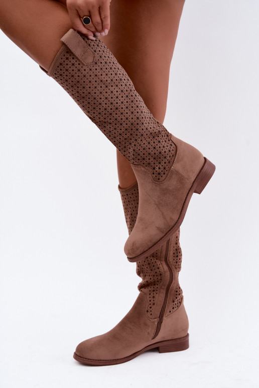 Botas largas con caña calada y tacones anchos S.Barski HY62-8144 marrón