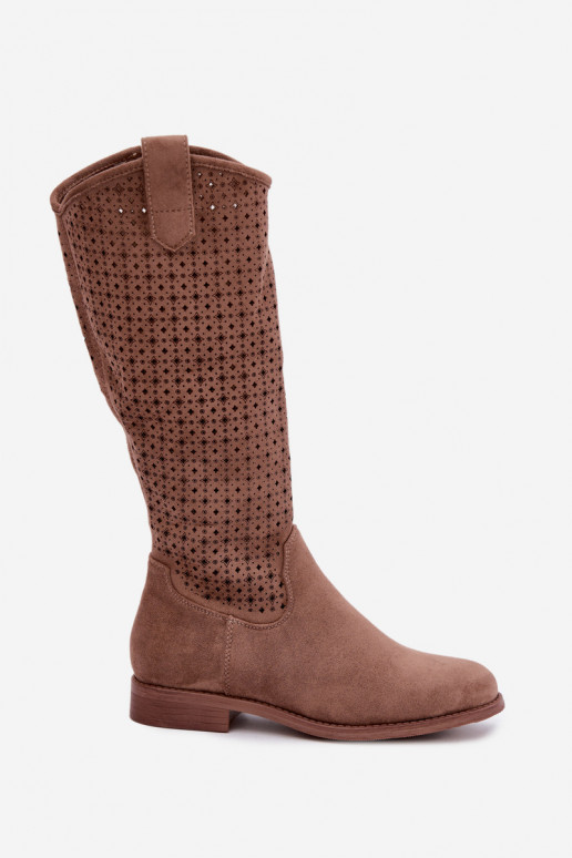 Botas largas con caña calada y tacones anchos S.Barski HY62-8144 marrón