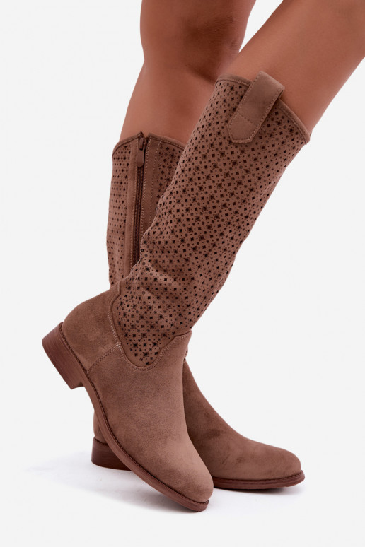 Botas largas con caña calada y tacones anchos S.Barski HY62-8144 marrón