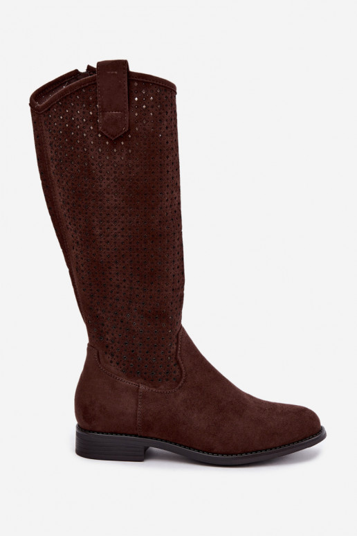 Botas altas con diseño calado y tacones anchos, marrones
