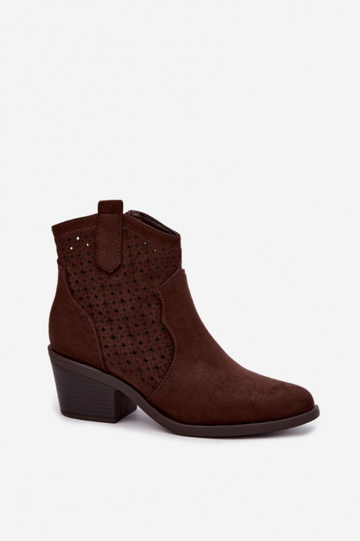 Botines estilo cowboy con tacones y elementos calados S.Barski HY62-8149 chocolate