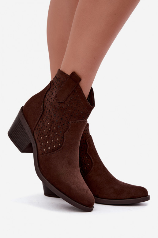 Botines estilo cowboy con tacones y elementos calados S.Barski HY62-8149 chocolate