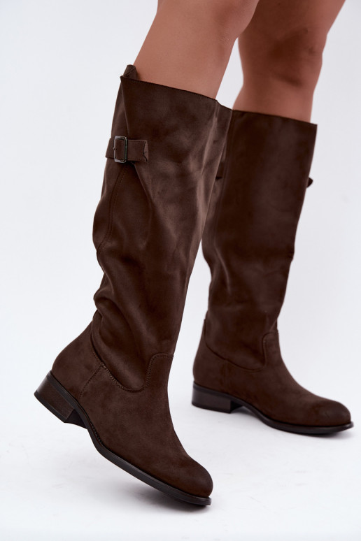 Botas altas caqui para mujer con tacones anchos y hebillas Farela