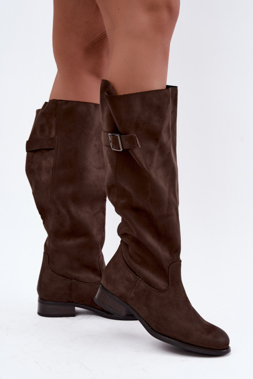 Botas altas caqui para mujer con tacones anchos y hebillas Farela