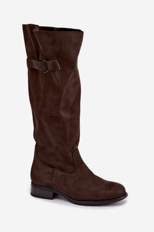 Botas altas caqui para mujer con tacones anchos y hebillas Farela