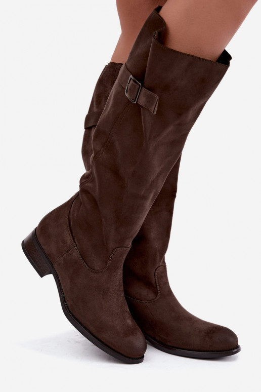 Botas altas caqui para mujer con tacones anchos y hebillas Farela
