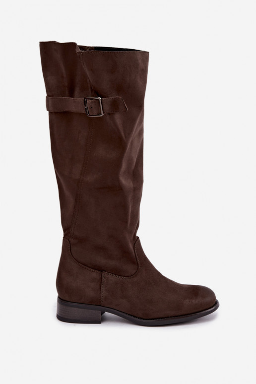 Botas altas caqui para mujer con tacones anchos y hebillas Farela