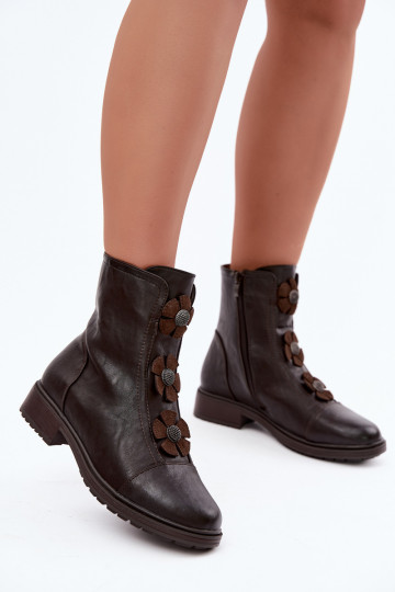 Botines de mujer con tacones anchos y motivos florales en chocolate 2
