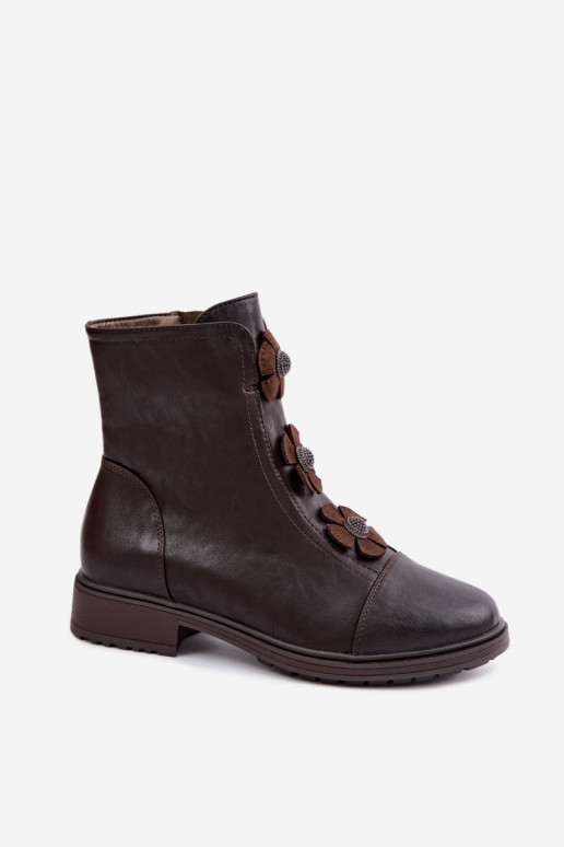 Botines de mujer con tacones anchos y motivos florales en chocolate