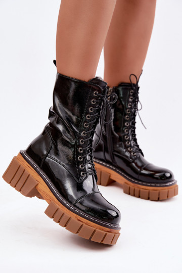 Botines de cuero negros acolchados para trabajo con efecto charol Artiker 49C0344