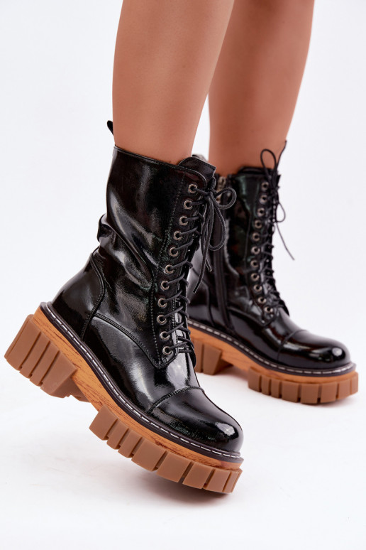 Botines de cuero negros acolchados para trabajo con efecto charol Artiker 49C0344