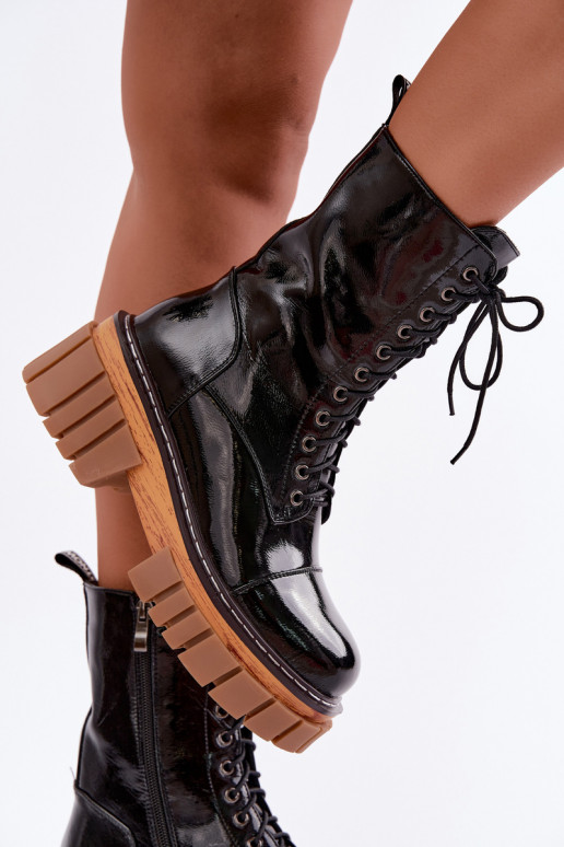 Botines de cuero negros acolchados para trabajo con efecto charol Artiker 49C0344