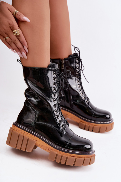 Botines de cuero negros acolchados para trabajo con efecto charol Artiker 49C0344