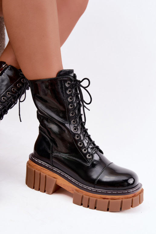 Botines de cuero negros acolchados para trabajo con efecto charol Artiker 49C0344