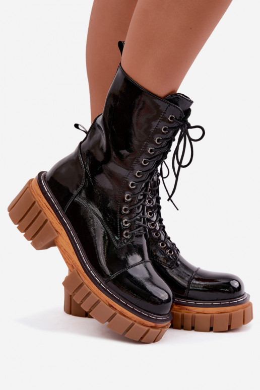Botines de cuero negros acolchados para trabajo con efecto charol Artiker 49C0344