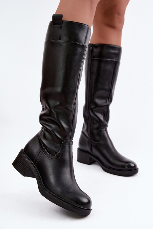 Botas largas de tacón bajo Zazoo KZ-22 en color negro