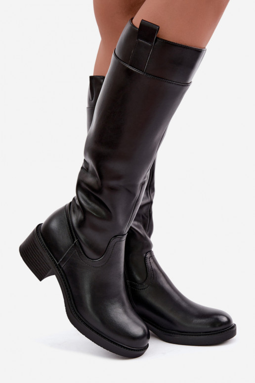 Botas largas de tacón bajo Zazoo KZ-22 en color negro