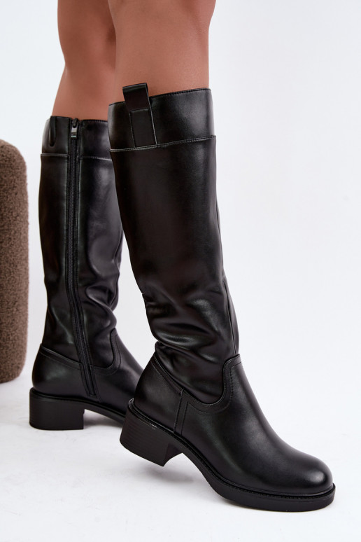 Botas largas de tacón bajo Zazoo KZ-22 en color negro